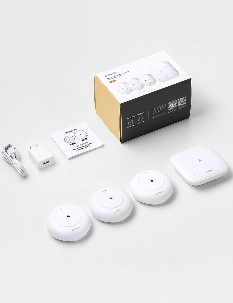 X-Sense Wi-Fi Water Leak Detector, Smart Water Sensor Alarm, Water Detector Alarm with 1700 ft Transmission Range for Kitchens, Basements, Bathrooms, 3 Water Detectors & 1 Base Station, Model SWS54 With Base Station