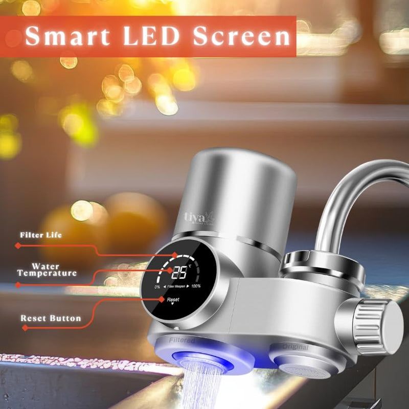 Faucet Mount Water Filter- Smart LED Display | Advanced UV Blue Light Purification Indicator | Reduce Lead Chlorine | Tap Water Purifier Fits Standard Faucets - Includes 1 Filter