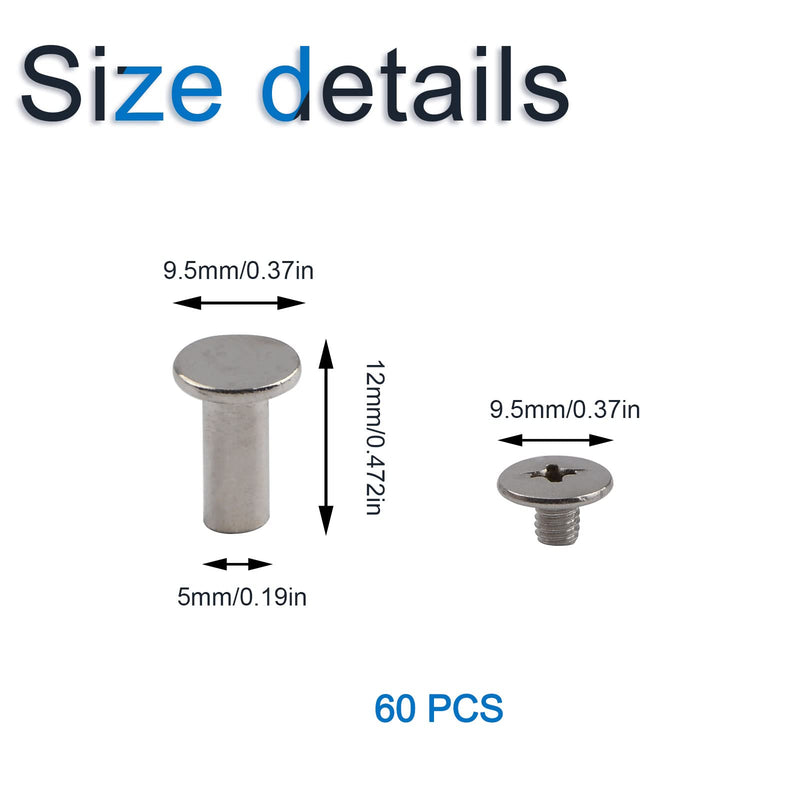 INCREWAY Phillips Screws, 60 Sets 5mm X 12mm Nickel Plated Chicago Binding Screws Round Cross Head Stud Screw Posts Nail Rivet Chicago Button, Silver Tone