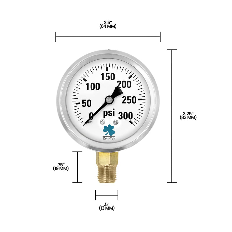 Zenport LPG300 Zen-Tek Glycerin Liquid Filled Pressure Gauge, 300 PSI Single Pack