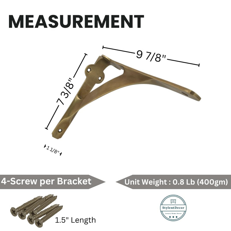 Brass Antique L Shape Shelf Bracket 7 3/8" x 9 7/8" – Heavy Duty Wall Mount Support for Floating Shelves, Durable & Stylish Metal Shelf Bracket for Home & Office (Pack of 1) 7 3/8 x 9 7/8 inch Brass Antique (1 PCS)