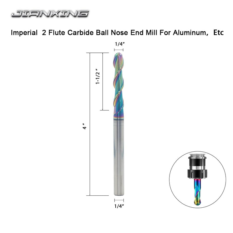 1/4" Extra Long DLC Coated 2-Flute Carbide Ball Nose End Mill, 4" Overall Length, Ideal for Aluminum, Copper Alloys & Plastic Machining–High Precision & Wear-Resistant Cutting Tool (1 Piece) 1/4" Extra Long