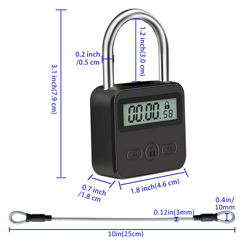 Metal Timer Lock, LCD Display Multi-Function Electronic Time, 99 Hours Max Timing, USB Rechargeable Timer Padlock (Black) Black
