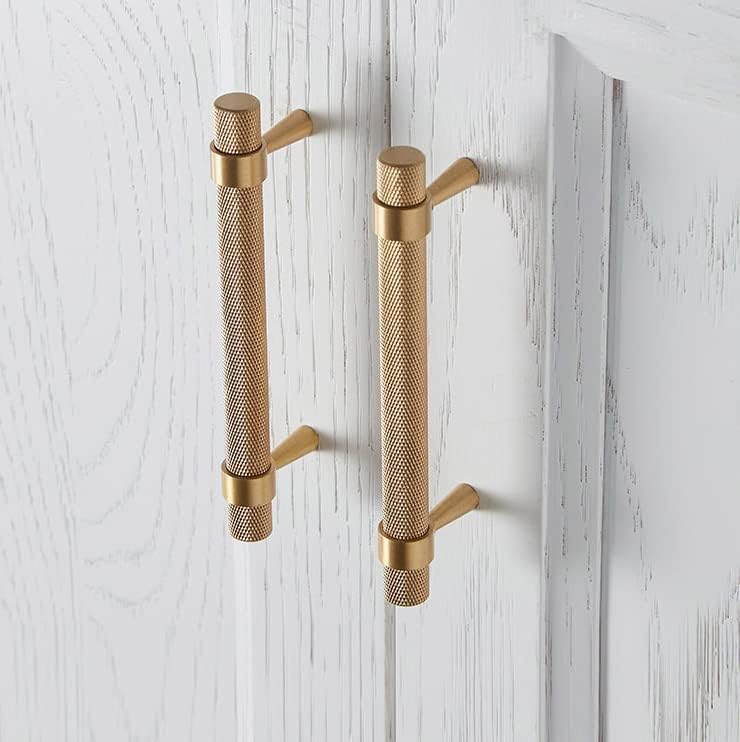 2 Pack Solid Brass Cabinet Pulls, 5 Inch (128mm) Hole Centers Gold Knurled Textured Bar Handles for Drawer Bathroom Kitchen Hardware