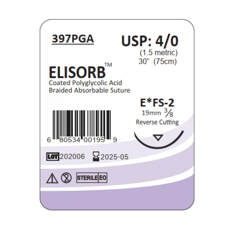 ELISORB Suture with Reverse Cutting Needle, 12 Pack. Sutures for Surgical Wound Training Students, Practice and Educational Use. Multifilament Absorbable Material 4/0 PGA, 30”, FS2, Violet 397PGA
