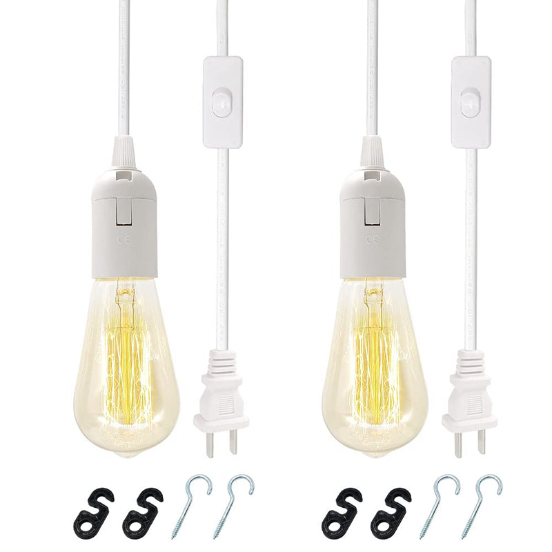 Plug in Hanging Light Kit, Retro Hanging Lights with Plug in Cord, E26 E27 Industrial Pendant Light Fixture, 9.8 FT Cord with On/Off Switch Hanging Lamp for Living Room Bedroom 2 Pack (White) White