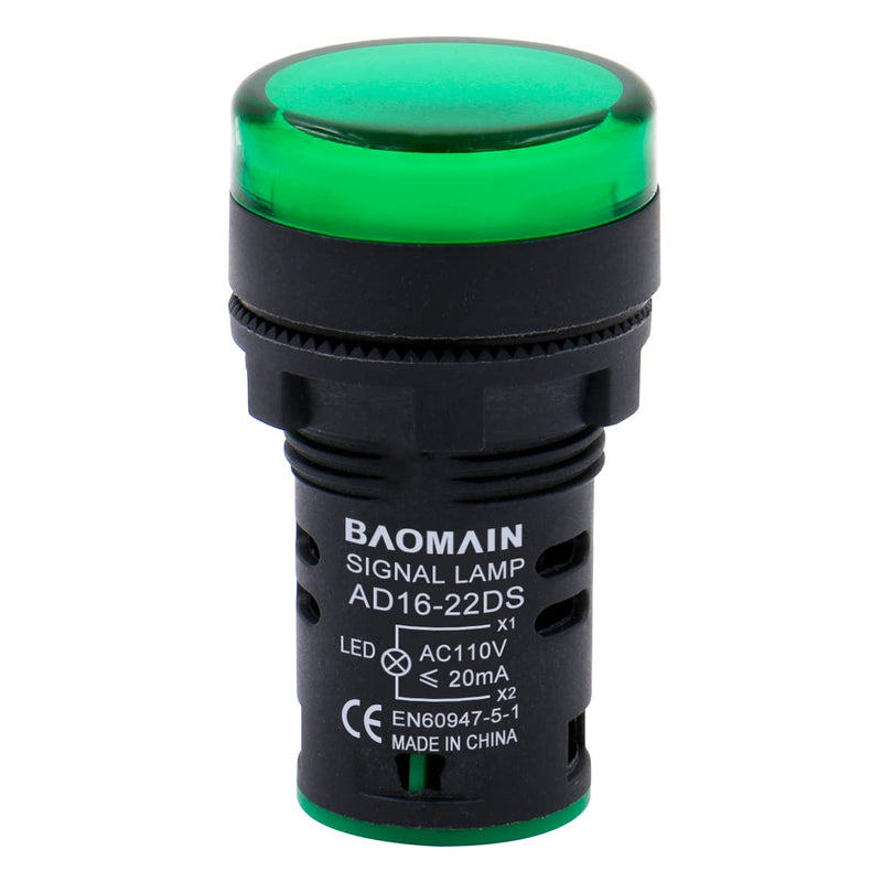 Baomain LED Indicator Pilot Light AD16-22D AC 110V 20mA Energy Saving Green Pack of 2