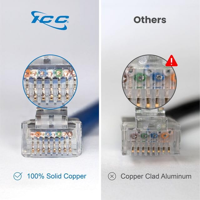 ICC CAT6 Slim Ethernet Patch Cord with Clear Boot Strain Relief, RJ45, Stranded, 550 MHz, UTP, Pure Bare Copper Wire, 28 AWG, LAN Network Patch Cable, Blue, 1 FT, 25-Pack 25 Pack