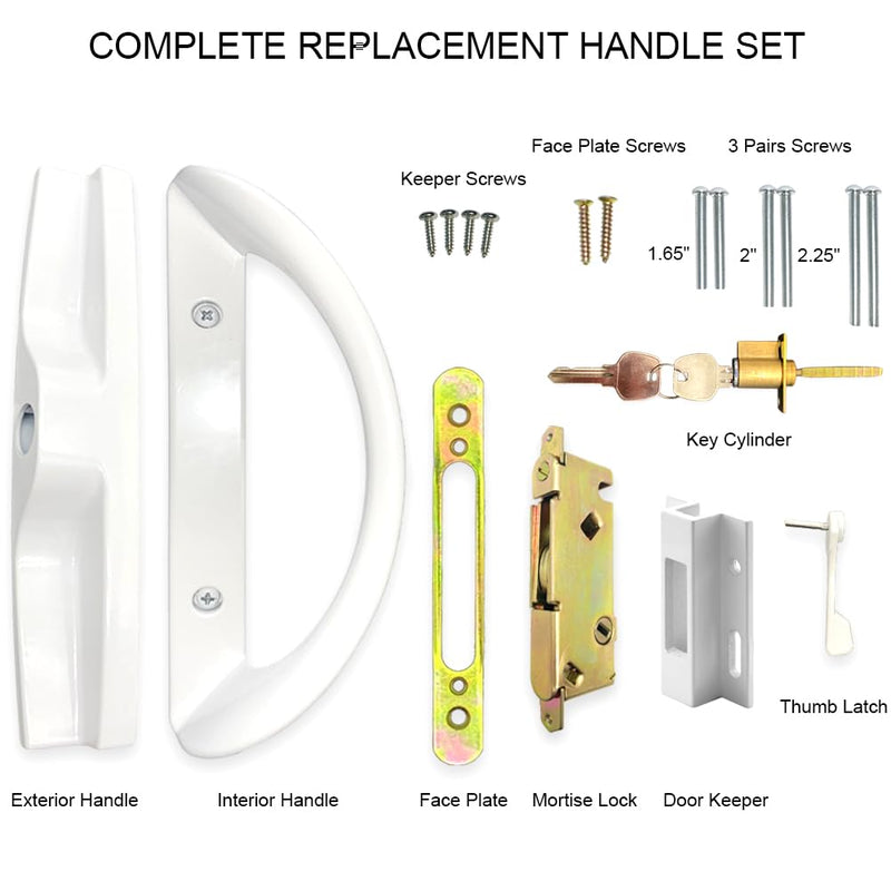 Patio Sliding Door Handle Set with Mortise Lock, Key Cylinder and Keeper, Replacement Handle Lock Set Fits Door Thickness from 1-1/2" to 1-3/4", 3-15/16" Screw Hole Spacing, Keyed, White with Key