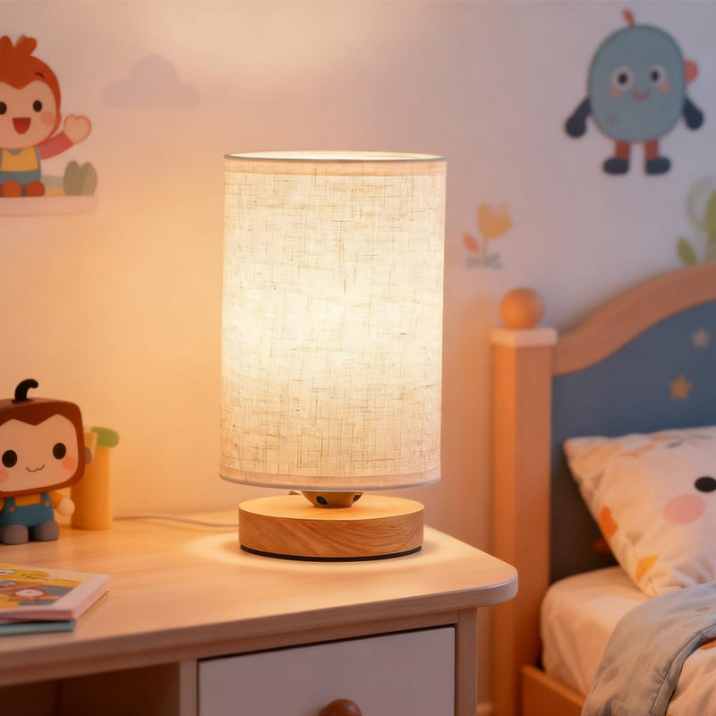 Small Bedside Night Table Lamp for Bedroom, Minimalist Nightstand Lamp with Round Fabric Linen Shade, Study Reading Desk Lamp for Kids Room, Living Room, College Dorm, Home, Office set of 1