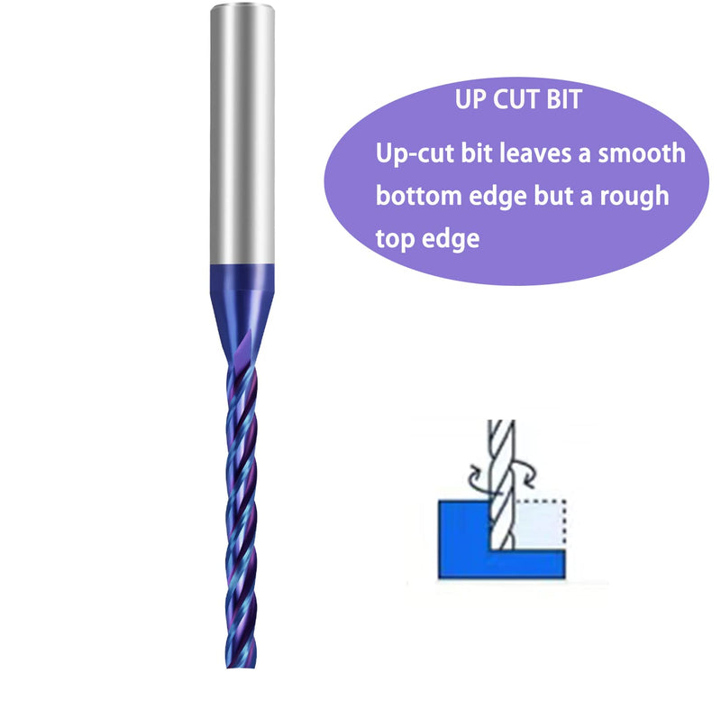 NACO Coating Up Cut Spiral CNC Router Bit 1/4 inch Shank 1/8 inch Cutting Diameter End Mill for Wood Cutting Carving Size 1/8x1-1/4x 2-1/2" (UPCUT, 2) UPCUT