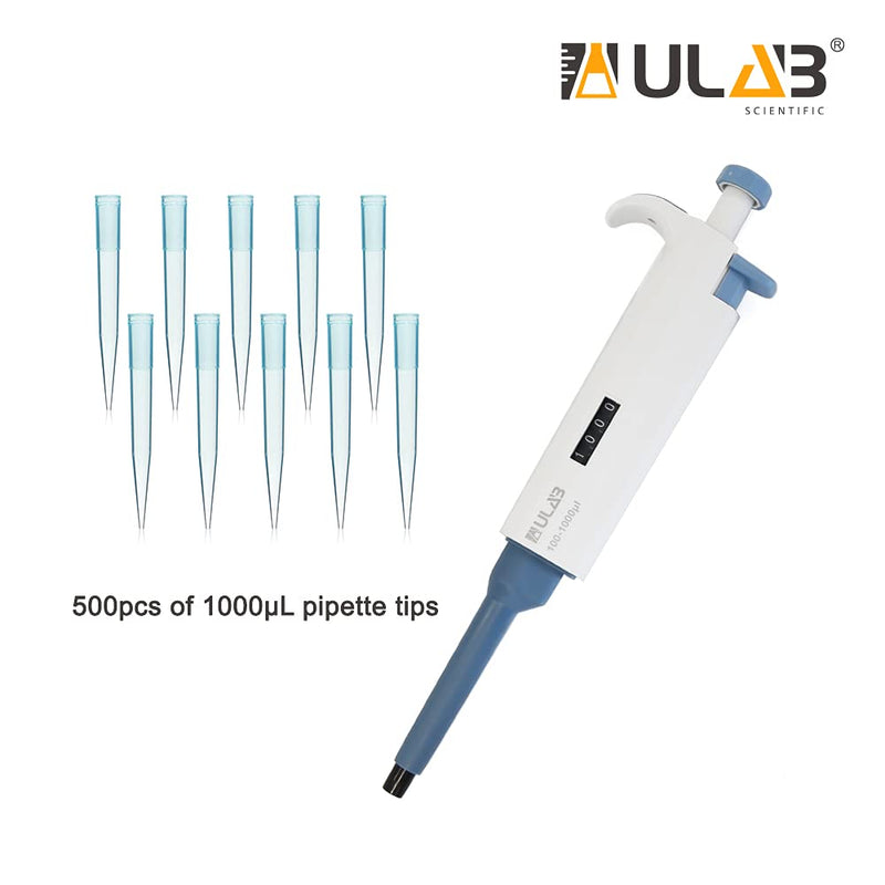 ULAB Single Channel Pipettor with Pipette Tips Offered, 1pc of Adjustable Volume Micro Pipette with Vol.Range.100-1000μl, 500pcs of Vol.1000μl Pipette Tips in Blue Color, ULH1021 100-1000μl & 500 Tips