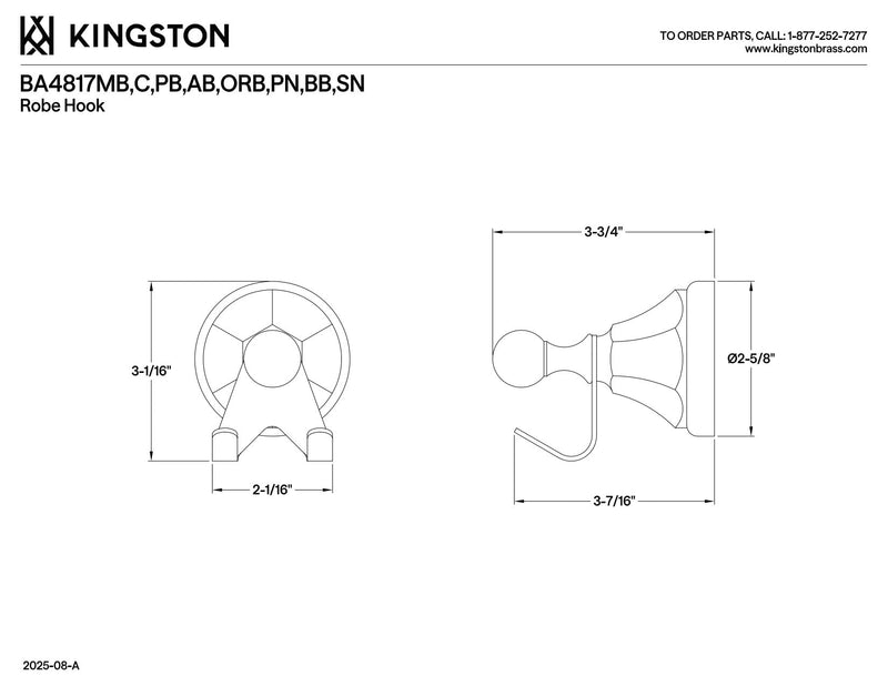 Kingston BA4817BB Metropolitan Robe Hook, Brushed Brass