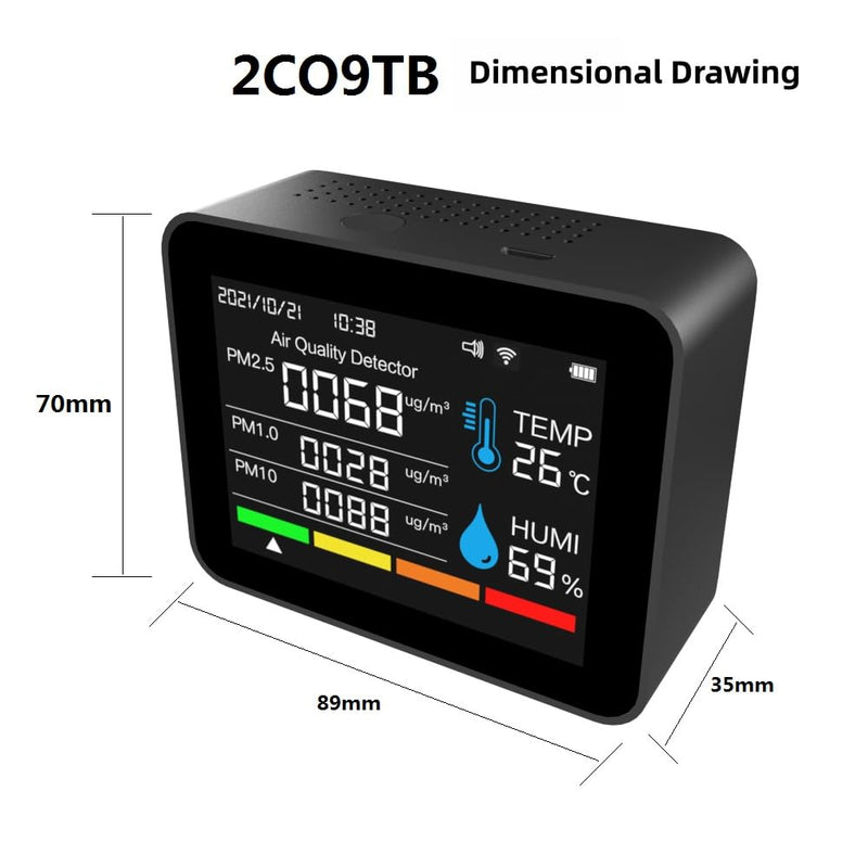 2CO9TB Smart WiFi Air Quality Monitor, Air Dust PM2.5 PM1.0 PM10 and Thermometer with Temperature and Humidity Alarm，Air Quality Tester for Bedroom, Indoor Detects，Smart Home