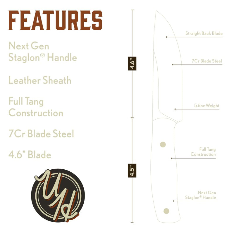 Uncle Henry 191UH Next Gen Staglon Fixed Blade with 4.6" 7Cr Steel Blade, Staglon Handle, Premium Leather Sheath, for Hunting, Cmaping, Outdoors, and EDC
