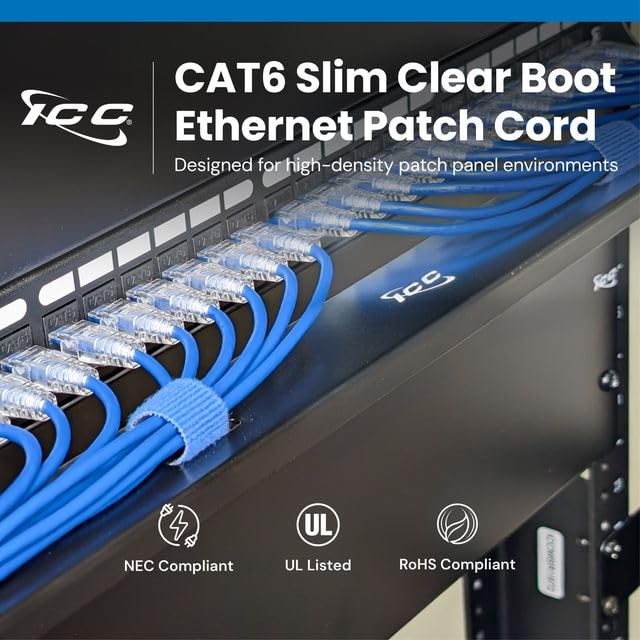 ICC CAT6 Slim Ethernet Patch Cord with Clear Boot Strain Relief, RJ45, Stranded, 550 MHz, UTP, Pure Bare Copper Wire, 28 AWG, LAN Network Patch Cable, Blue, 1 FT, 25-Pack 25 Pack