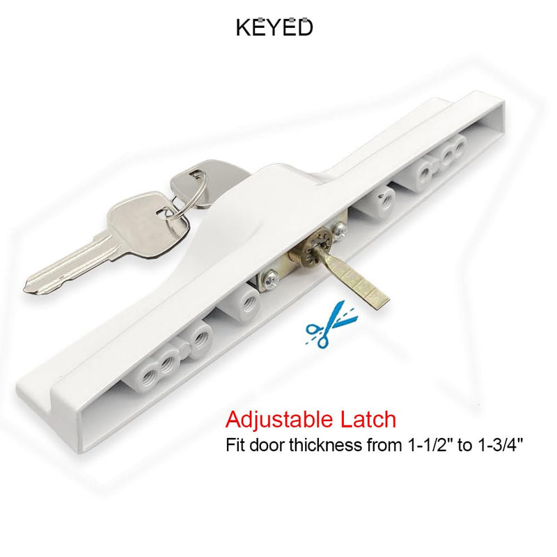 Patio Sliding Door Handle Set with Mortise Lock, Key Cylinder and Keeper, Replacement Handle Lock Set Fits Door Thickness from 1-1/2" to 1-3/4", 3-15/16" Screw Hole Spacing, Keyed, White with Key