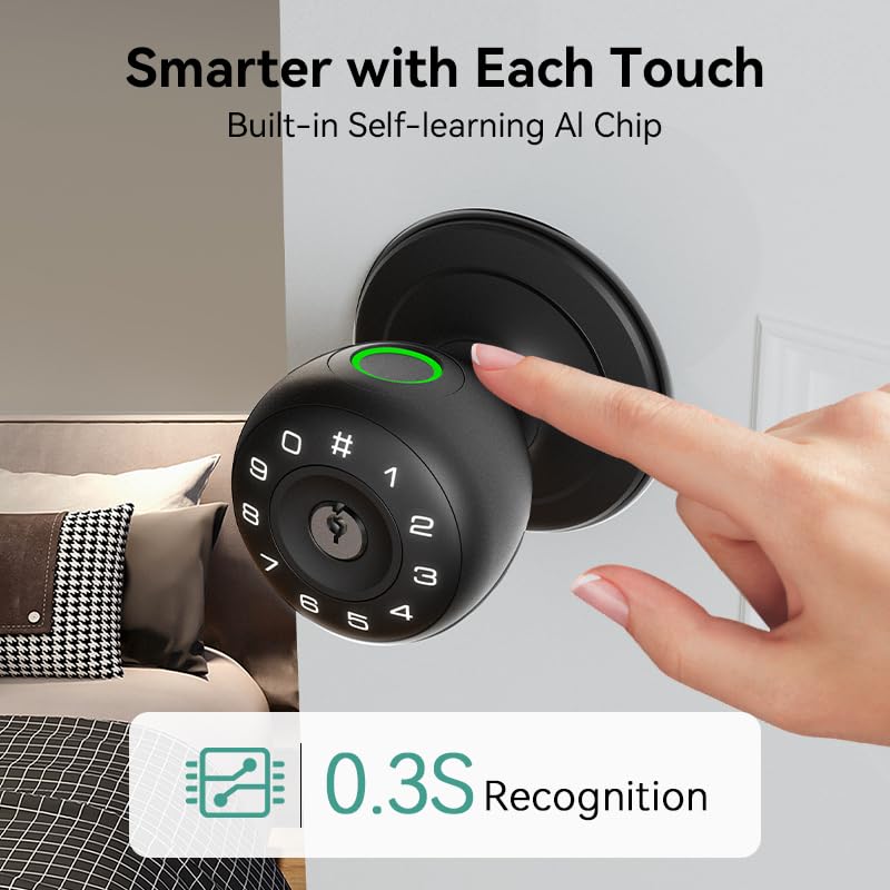 Fingerprint Door Lock,4 in 1 Smart Door Knob with Keypad Code,Biometric & App Control,Auto-Lock,Keyless Entry Door Locks for Bedroom,Home,Garage,Apartment,Office,Warehouse
