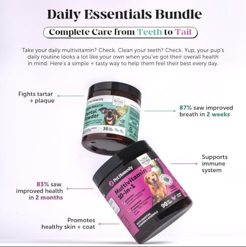 Pet Honesty Dog Dental Care Virtual Bundle – Breath Freshener Dental Powder for Large Dogs (60 Servings) + Brush Buddies Dental Sticks for Medium Dogs (15 Ct) – Teeth Cleaning, Plaque & Breath Support