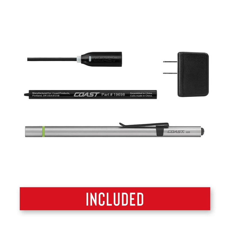 COAST® A9R 54 Lumen Rechargeable Inspection Beam LED Penlight with Flex Charge and Charging Cap, Silver Black