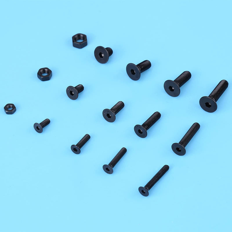 440Pcs Flat Head Bolt M3 M4 M5 Screws Alloy Steel Hex Socket Flat Head Screw Bolts and Nuts Kit with Plastic Case Black