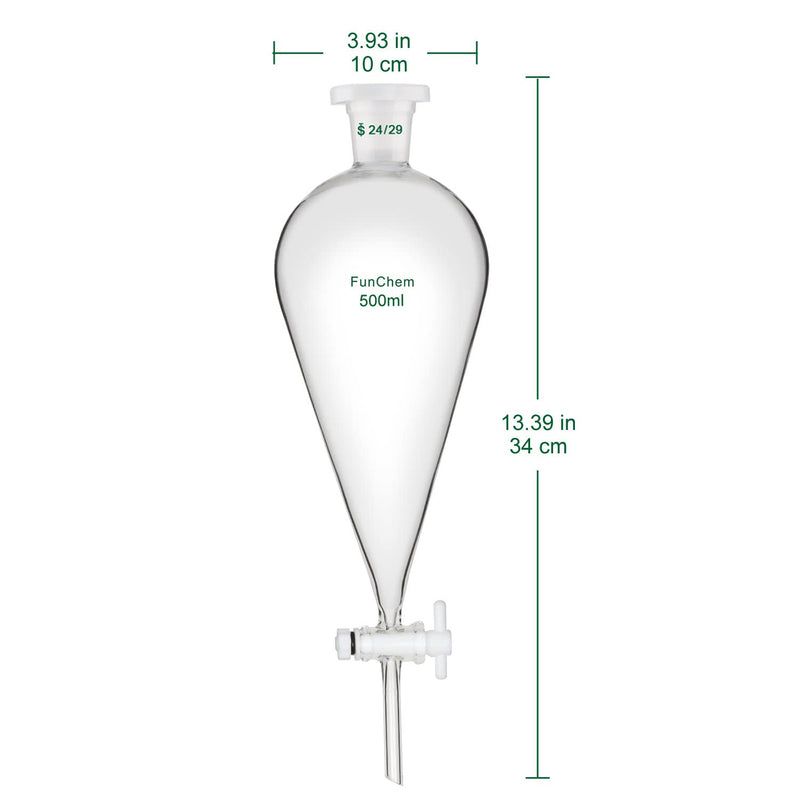 FunChem Conical Separatory Funnel 500 mL with 24/29 Joints and PTFE Stopcock, Borosilicate Glass Separating Funnel Heavy Wall Design 500.0 milliliters Oval 1 YQ-SeparatoryFunnel-500ML