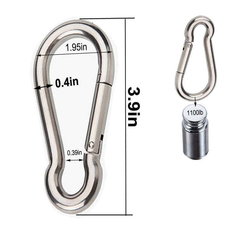 4 Inch Stainless Steel Spring Snap Hook Carabiner, 1100lb 304 Stainless Steel Clips, Set of 2 4.0 Inches