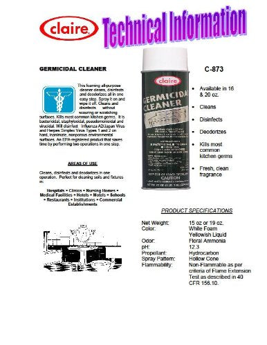 Claire CL873 Germicidal Foaming Cleaner and Disinfectant, White, 1 lb. 3oz (1.18 Pounds)