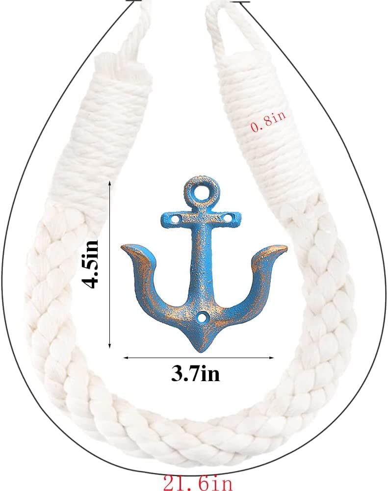 2 Pcs White Nautical Rope Toilet Paper Holder Wall-Mounted Towel Ring Nautical Toilet Paper Holder with Metal Hooks Coastal Towel Rack （Blue+Blue） Blue+blue