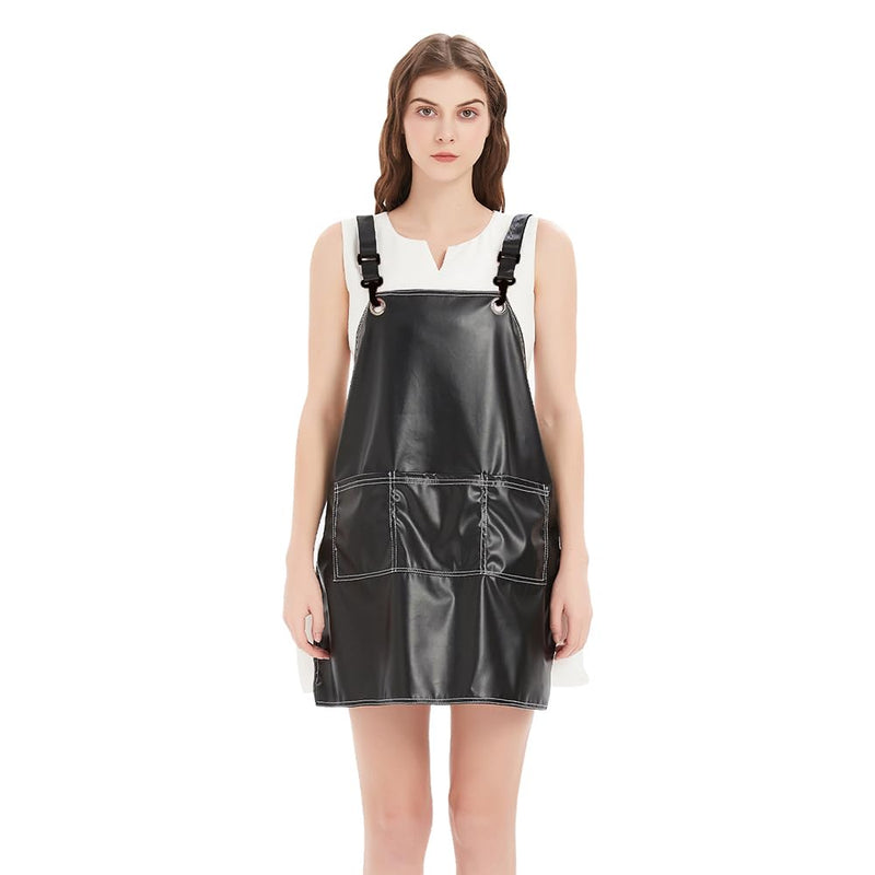 PU Leather Waterproof Aprons Cross-Back Adjustable With Pockets Hair Salon Work Apron for Hair Stylist Super Light Black+black Buttons