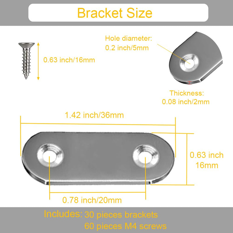 30PCS Straight Brace Brackets 1.42 Inch Stainless Steel Flat Mending Plates, Repair Fixing Joining Brackets for Wood Furniture with Screws 1.42"/ 36mm (30Pcs)