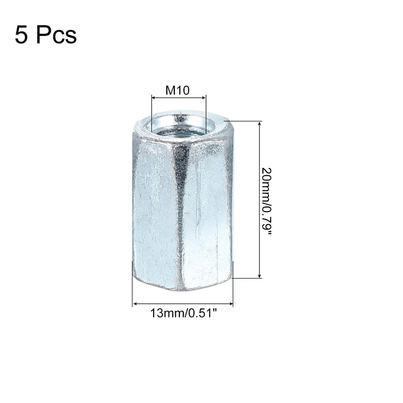 uxcell M10x1.5mm Coupling Nuts, 5 Pcs Carbon Steel Galvanized Hex Rod Coupling Nuts Threaded Rod Connectors 20mm, for Industrial Construction Fasteners, White M10x1.5mmx20mm