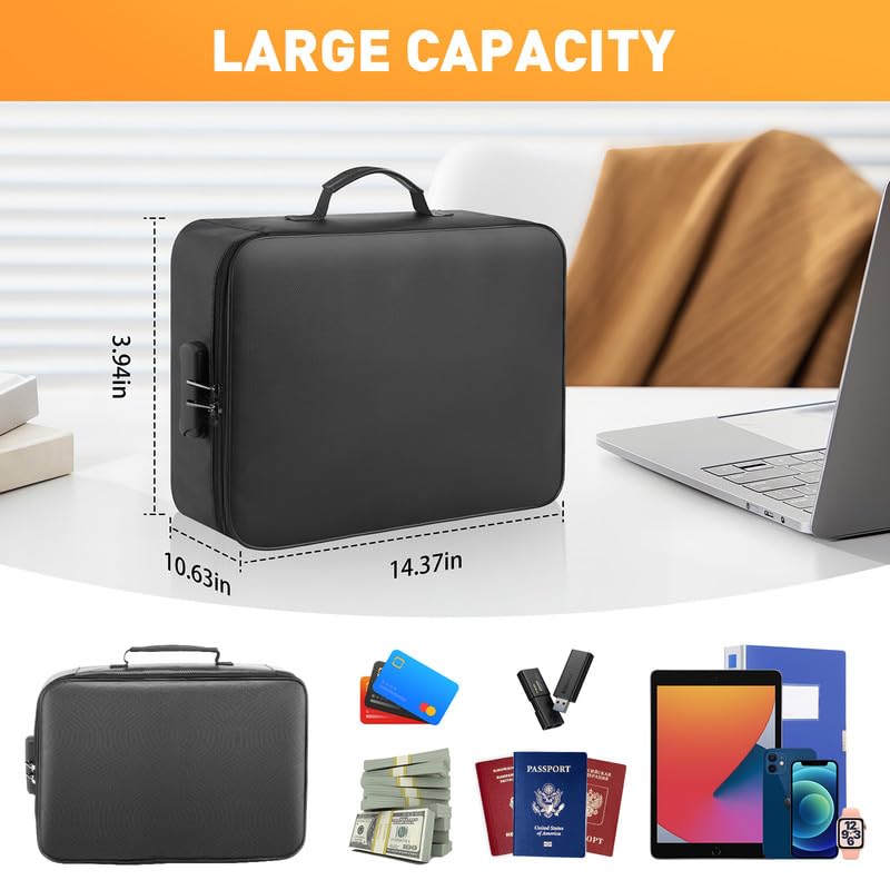 Kanhiro Fireproof Document Box with Lock - Upgraded Waterproof Fireproof Document Bag, Important Document Organizer, Fire Proof Safe for Home Documents, Passport, Laptop, Certificates