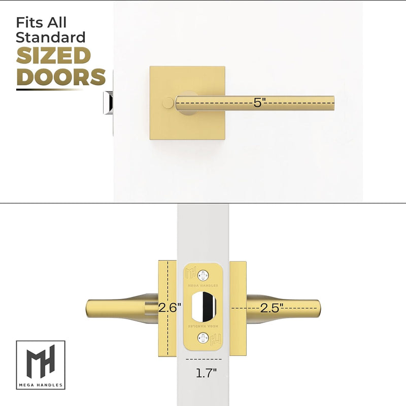 Mega Handles Prime Privacy Lever Door Handle for Hallway, Closet and Bathroom, Keyless Design Door Levers, Fits All Standard Door Sizes, Covered Screws Included - Satin Brass (1 Pack), 5'' 1 Pack