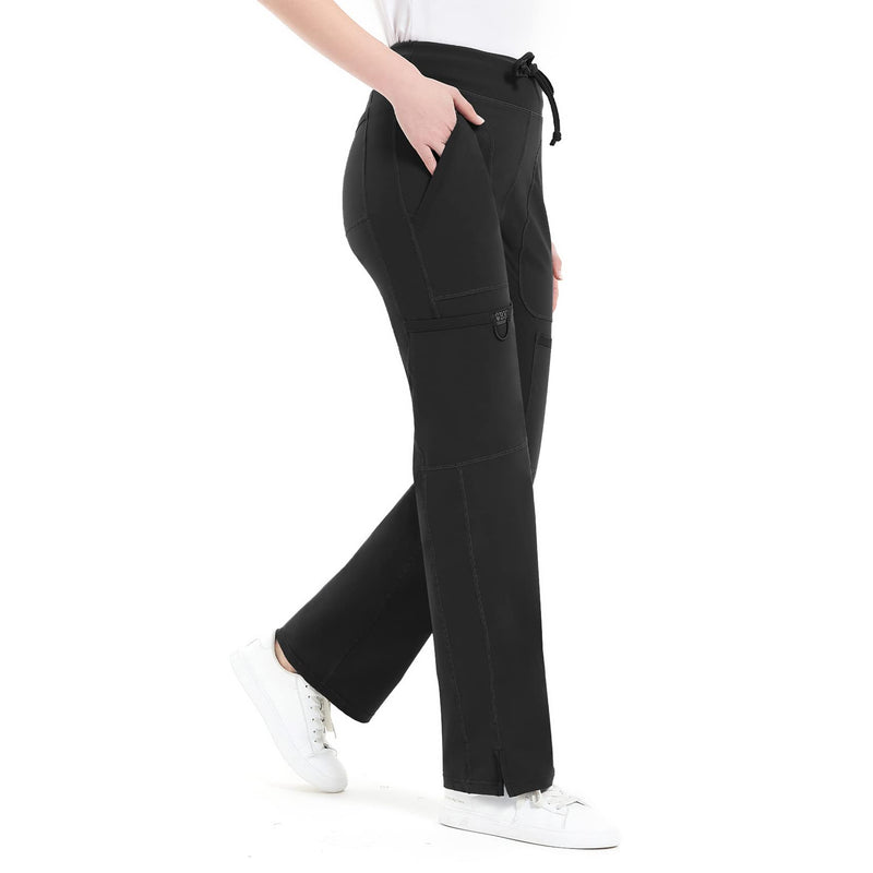 QBK Yoga Scrub Pants Women Mid Rise Yoga Work Pants- Five Pocket Cargo Scrub Pant Regular Medium Black