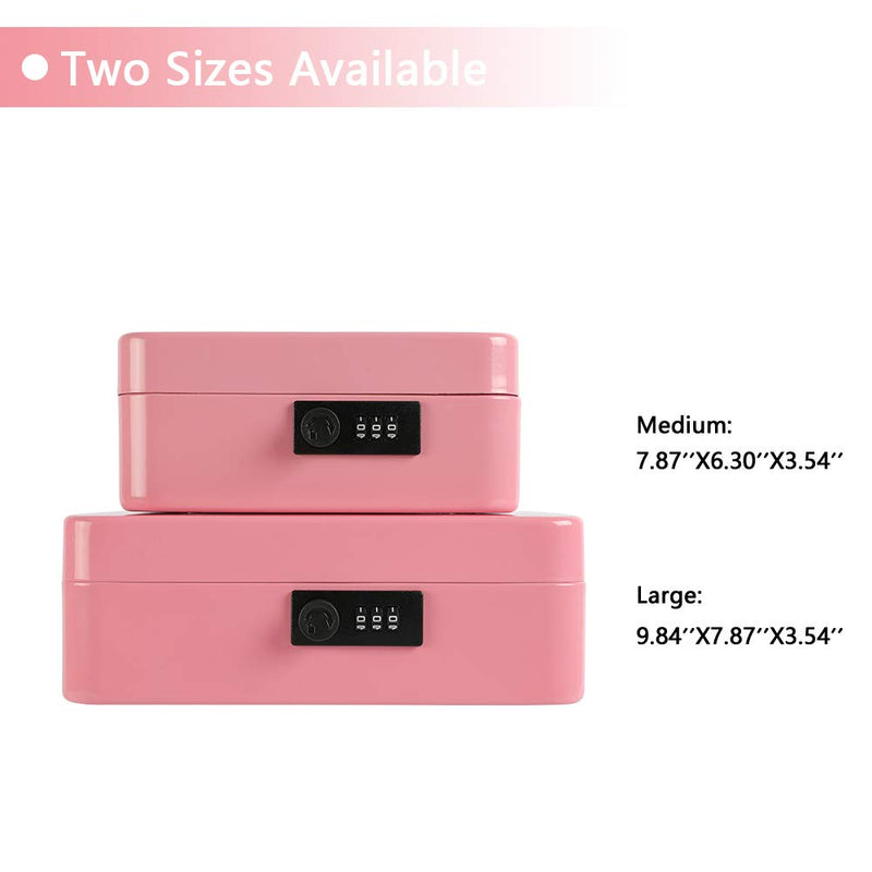 xydled Steel Cash Box Safe with Combination Lock,Money Safe Box with Removable Coin Tray,Medium,7.87"x 6.30"x 3.54",Pink Pink Medium