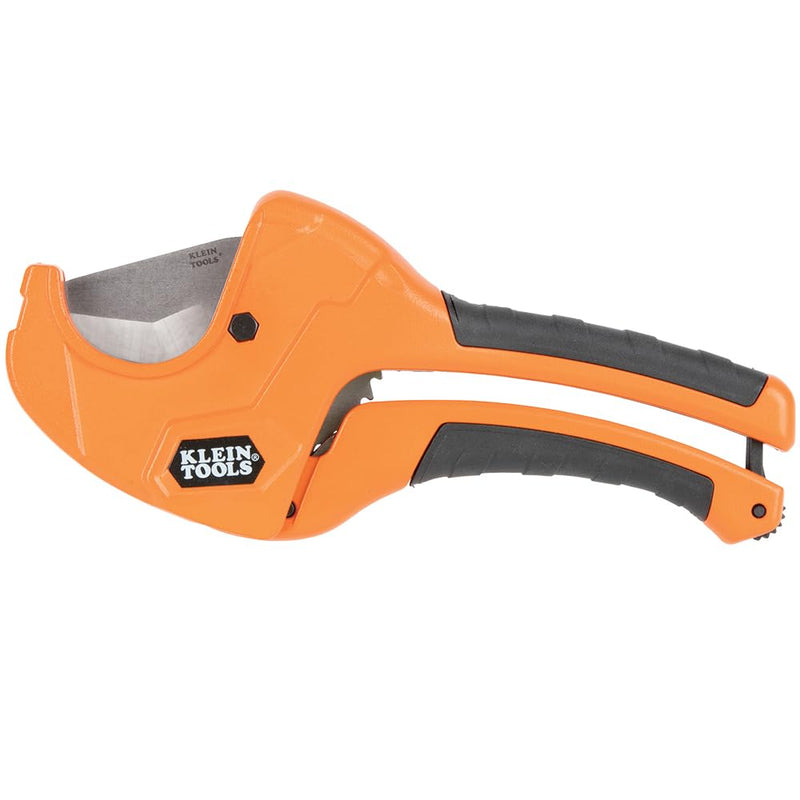 Klein Tools 50063 Ratcheting PVC Pipe Cutter, Cuts 1-1/4-Inch I.D. PVC, CPVC, PEX Pipes, One-Handed Operation, Replaceable Blades