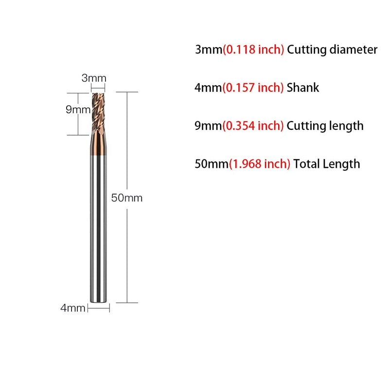 1pc 4 Flutes Carbide Square End Mill - 3mm (0.118'') Dia, 4mm (0.157'') Shk Dia - Micro Grain CNC Router Bits Carbide Milling Cutter for Alloy Steel/Hardened Steels - HRC55 - TISIN Coated, Gold 3mm【0.118"】Dia,4mm【0.157"】Shank Dia