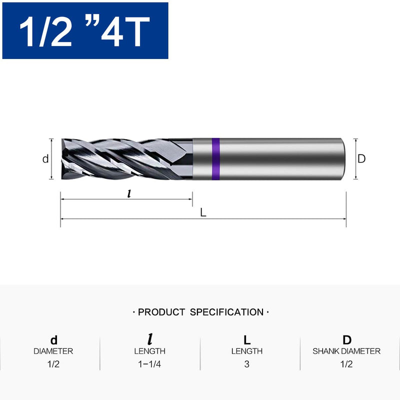 1/2" Carbide Square End Mill 4 Flute - CNC Router Bit for Aluminum, Steel, Brass - 1/2" Shank, 1-1/4" Cut, 3" OAL - High Precision CNC & Engraving 1/2"4T-3