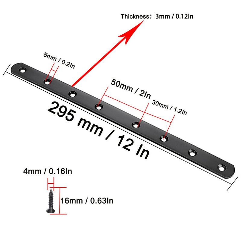 12" Flat Mending Plate 4Pcs Flat Straight Braces Stainless Steel Straight Brackets, Repair Fixing Bracket Connector, Mending Joining Plates with Screws, Black