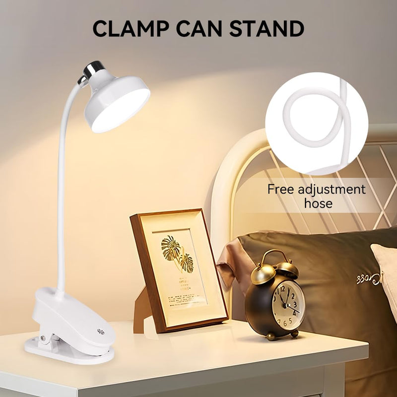 Clip on bed lamp,Rechargeable book Light,White Eye-caring,10 Dimmable adjustable brightness,3 Colors,20 LED,Gooseneck Hose,400 lumens,Suitable for bedside reading,Night Light,Clip on desk light