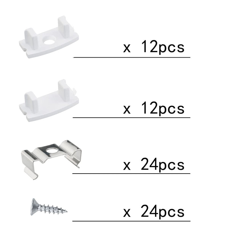 24PCS Led Channel Metal Mounting Clips Led Channel End Caps for LED Strip Lights Installation U-Shape LED Cover Diffuser Track with Complete Mounting Accessories for Easy Installation