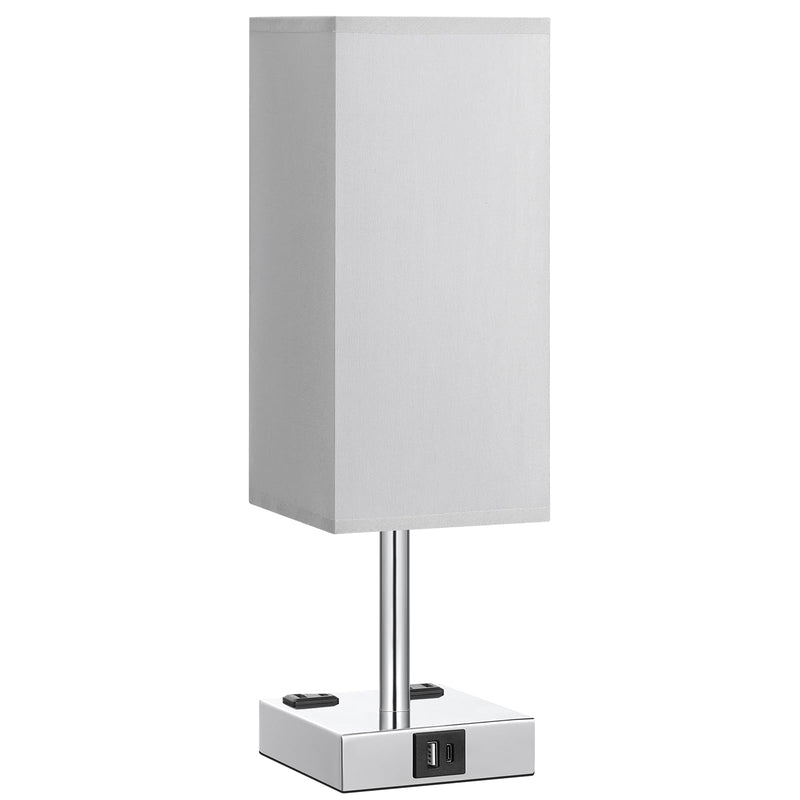 【Upgraded】Bedside Table Lamp Touch Control, with USB C+A Charging Ports & Dual AC Outlets, 3-Way Nightstand Lamp for Bedroom with LampShade Living Room Office(LED Dimmable Bulb Included) Gray & Silver 14.0in