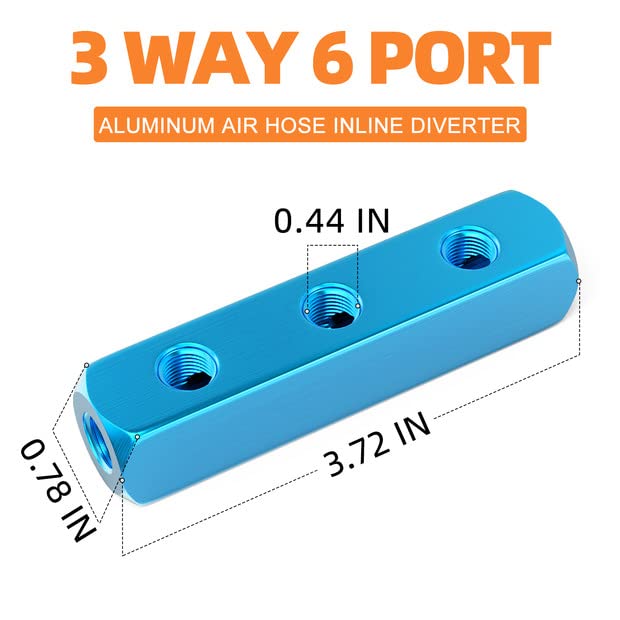 GASHER 4PCS Aluminum 3 Way 6 Port Pneumatic Manifold Air Distribution Block Splitter 1/4" Output Port 1/4" Supply Port 3 Way-6 Port 4
