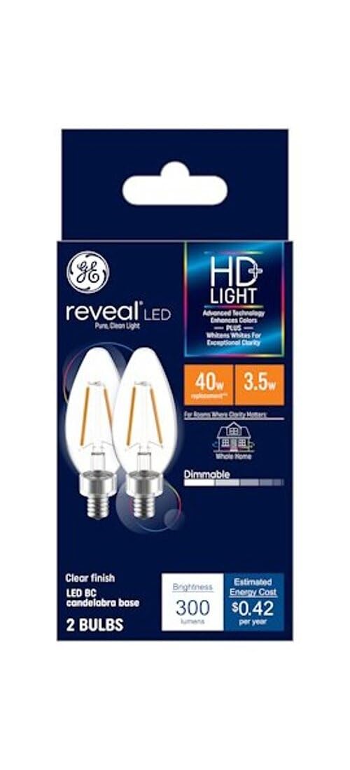 Reveal HD+ Decorative LED Light Bulbs, Candelabra-Base, Clear, Dimmable, 240 Lumens, 3.2-Watts, 2-Pk. -31889