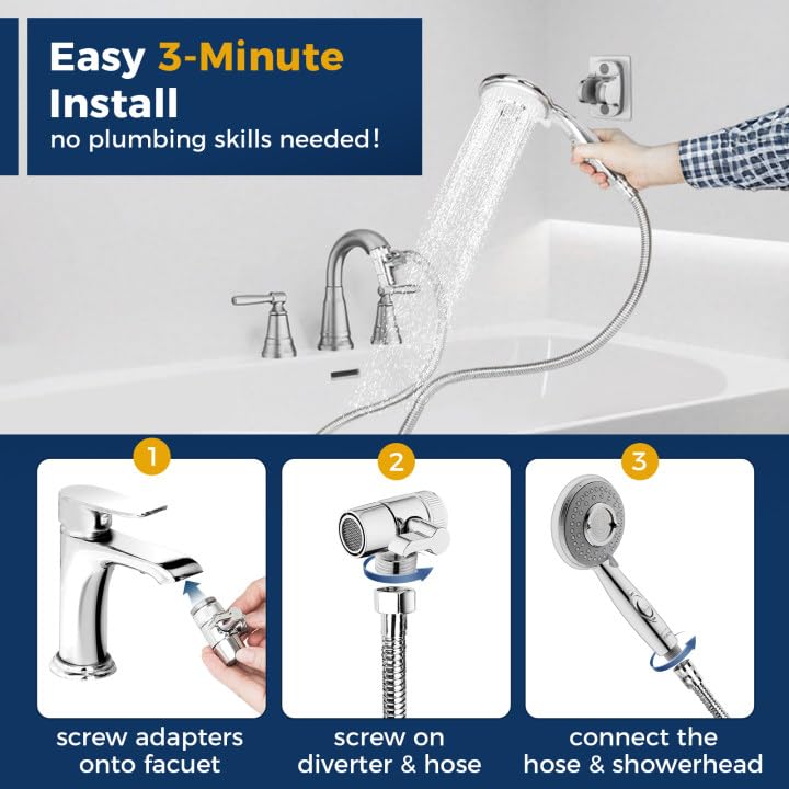 KLLEYNA Shower Head Hose Attachment for Sink/Tub Faucet - ON/OFF Jets Sprayer for Dog Wash/Bathtub Cleaning/Baby Bath/Hair Rinse, Tap Extender Water Nozzle for Bathroom Kitchen Utility Garden Basement Silver A