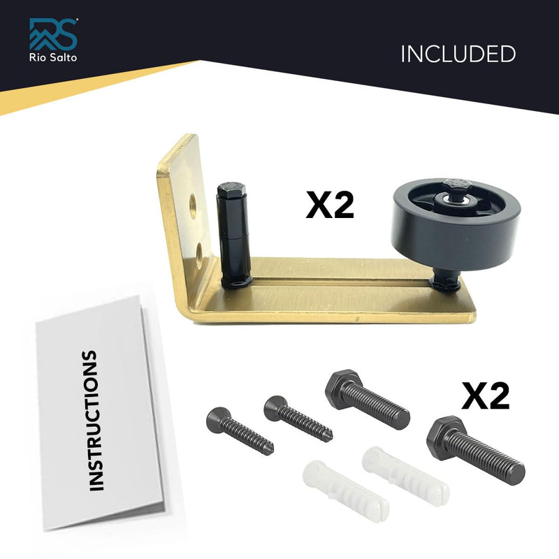 Rio Salto Gold Barn Door Floor Guide 2-Pack Hardware Kit Adjustable Width Sliding Hardware Modern Barn Interior Gold Brushed Brass Panel Light Gold Roller (Floor Guide, Wall Mount - 2 Pack)