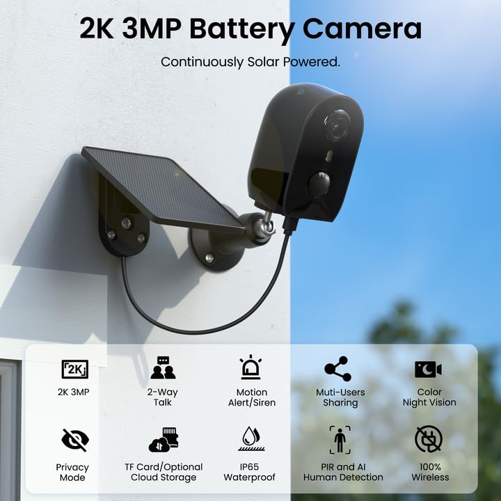 Solar Camera Outdoor Wireless-2K Battery Powered Outside Cameras for Home Security with PIR Motion Detection, Siren Alarm, 2-Way Talk, SD Card&Optional Cloud Storage, Work with Alexa, Y8 1P 2.4Ghz-1P-B