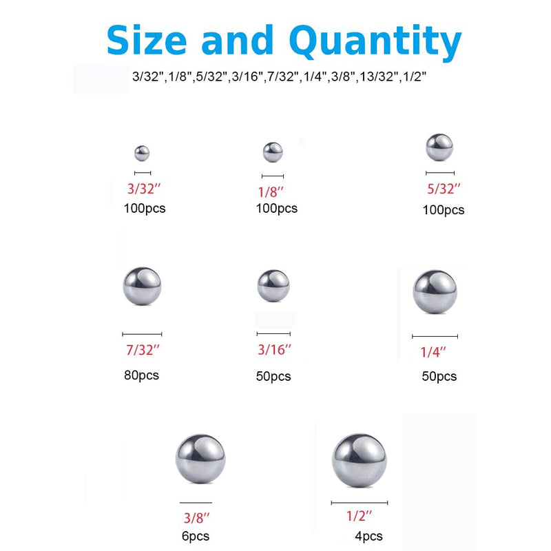 490Pcs 3/32"-1/2" Precision Chrome Steel Assorted Loose Bicycle Bearing Steel Ball Assortment Kit(8 Sizes 490Metric) 490