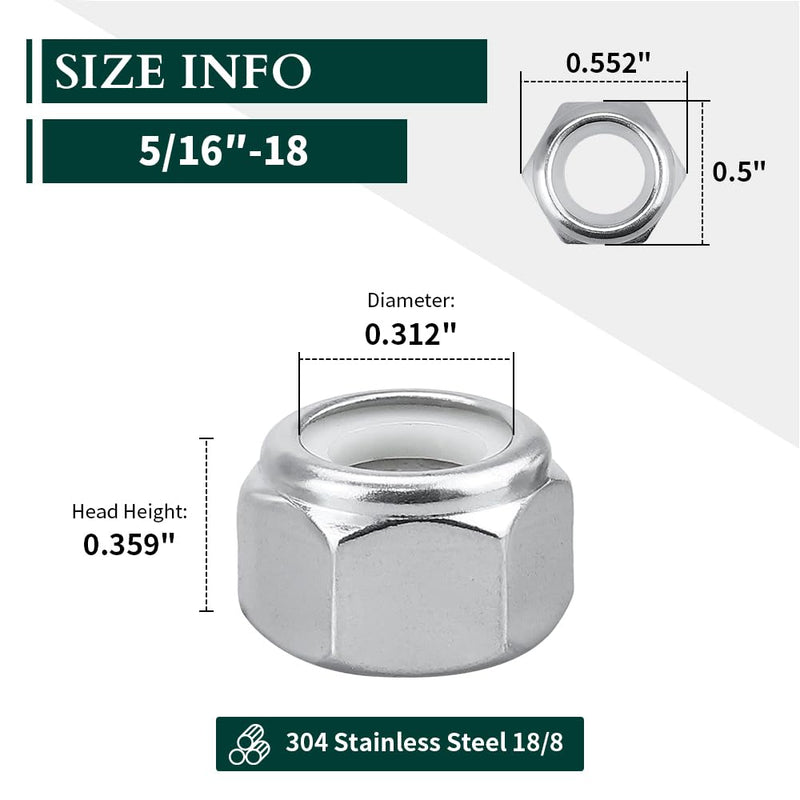 5/16"-18 Nylon Insert Hex Lock Nuts, Allen Hex Drive, 304 Stainless Steel 18-8, Full Thread, Coarse Thread UNC, Pack of 10 5/16"-18
